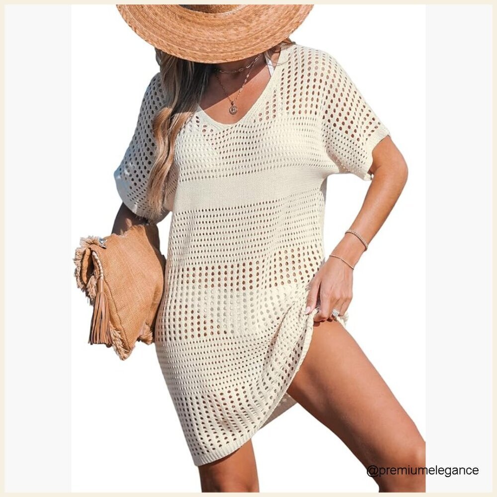 Crochet Swimsuit Cover Up Dress Short Sleeve V Neck Beach